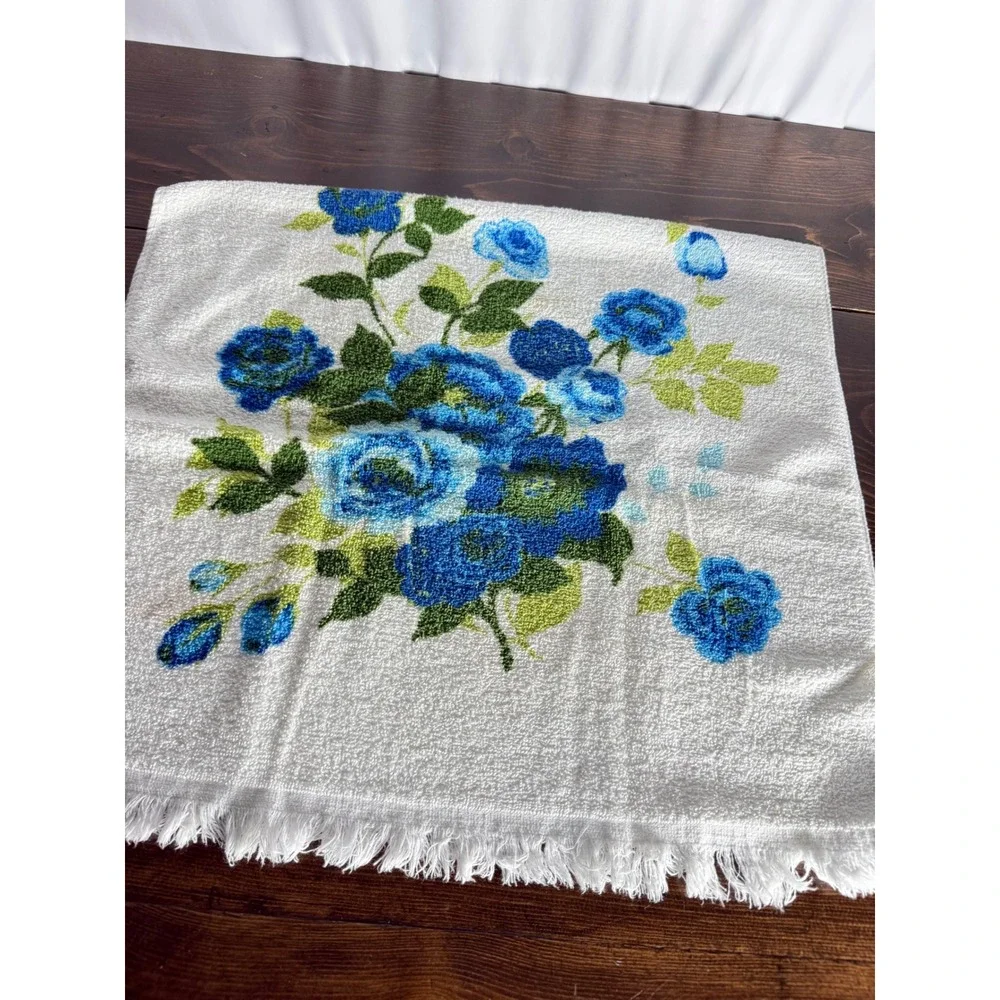 Vintage Blue Rose Floral Cotton Hand Towel Fringe Made in USA 22x41